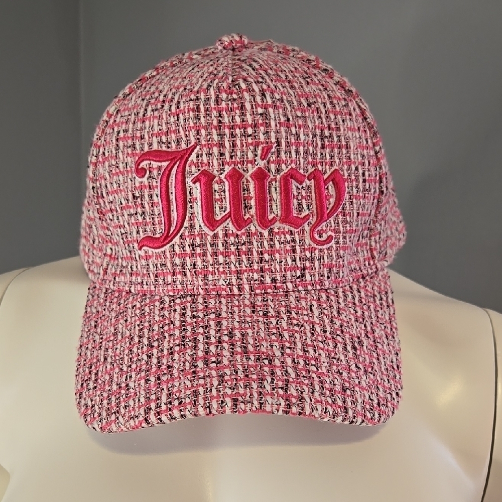 Juicy Couture Adjustable Pink Tweed Embroidered Logo Baseball Cap